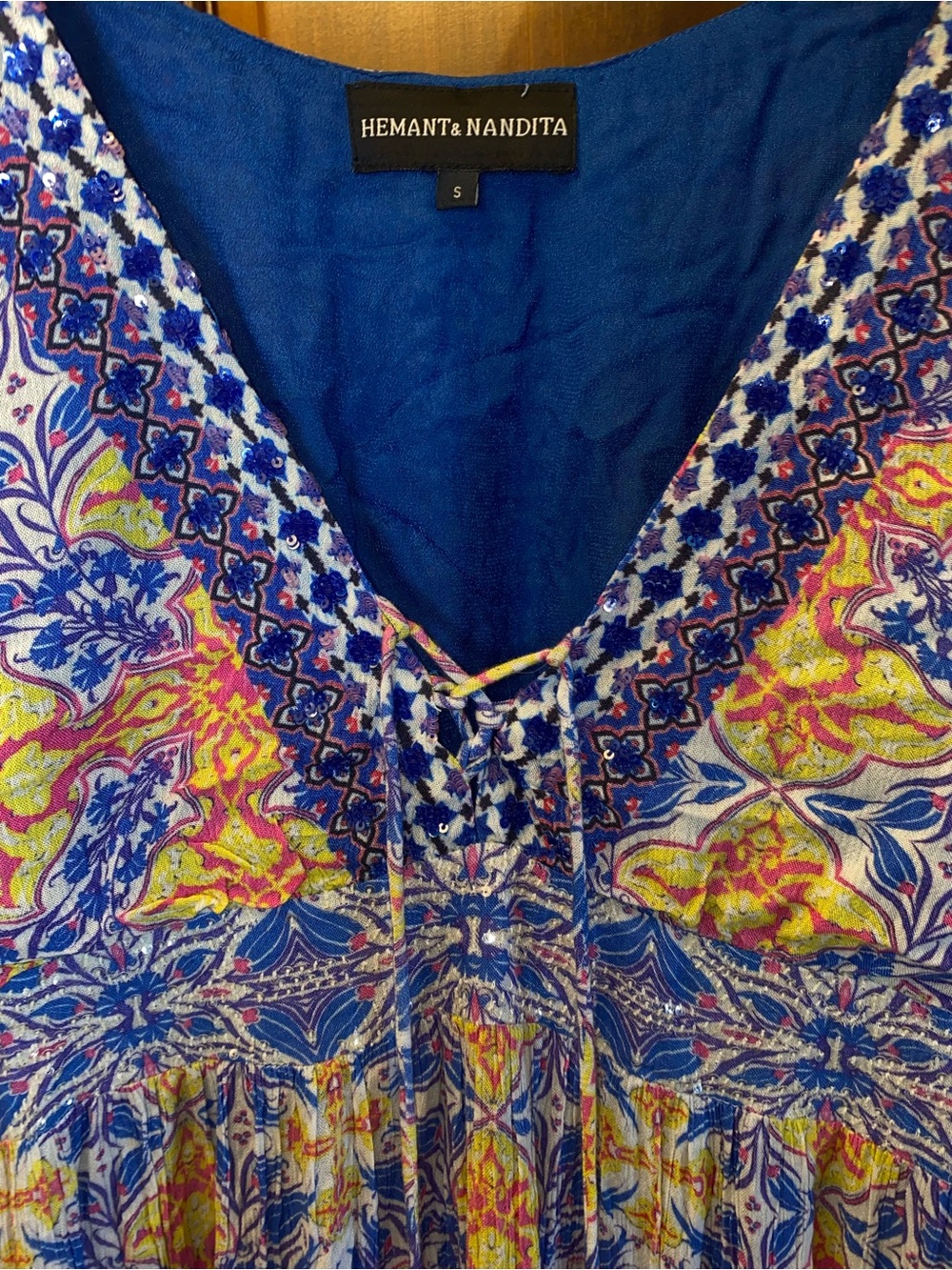 HEMANT & NANDITA kaftan maxi dress royal blue yellow pink Cali Boho resort tall - Picture 6 of 10